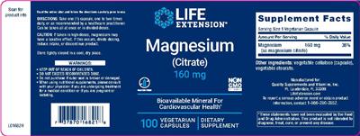 Photo of the Life Extension Magnesium (Citrate) 160 mg label