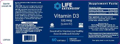 Photo of the Life Extension Vitamin D3 125 mcg (5,000 IU) label