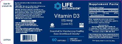Photo of the Life Extension Vitamin D3 175 mcg (7,000 IU) label