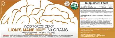 Photo of the Nootropics Depot Lion's Mane Mushroom Extract label
