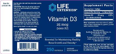 Photo of the Life Extension Vitamin D3 25 mcg (1000 IU) label
