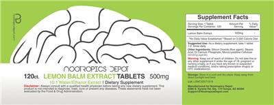 Photo of the Nootropics Depot Lemon Balm Extract Tablets 500 mg label