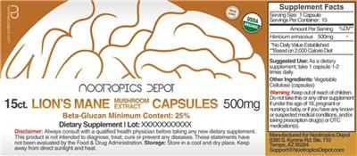 Photo of the Nootropics Depot Lion's Mane Mushroom Extract Capsules 500 mg label