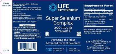 Photo of the Life Extension Super Selenium Complex 200 mcg & Vitamin E label