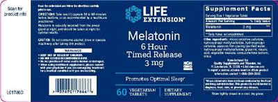 Photo of the Life Extension Melatonin 3 mg 6 Hour Timed Release label