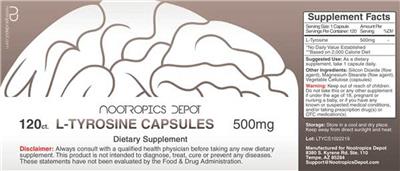 Photo of the Nootropics Depot L-Tyrosine Capsules 500 mg label
