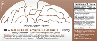 Photo of the Nootropics Depot Magnesium Glycinate Capsules 800 mg label