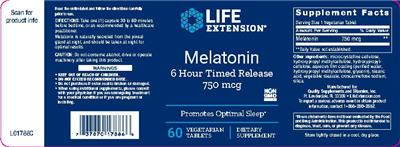 Photo of the Life Extension Melatonin 750 mcg 6 Hour Timed Release label