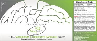 Photo of the Nootropics Depot Magtein Magnesium L-Threonate Capsules label