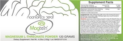 Photo of the Nootropics Depot Magtein Magnesium L-Threonate Powder label