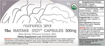 Photo of the Nootropics Depot Maitake Mushroom Extract Capsules 500 mg label