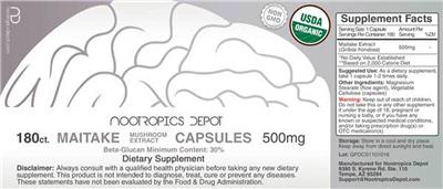 Photo of the Nootropics Depot Maitake Mushroom Extract Capsules 500 mg label