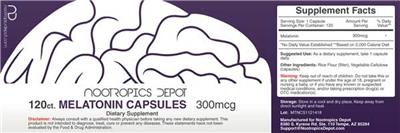 Photo of the Nootropics Depot Melatonin Capsules 300 mcg label
