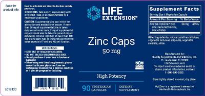 Photo of the Life Extension Zinc Caps 50 mg label