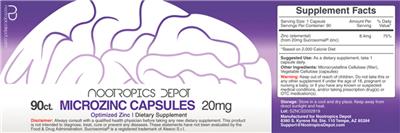 Photo of the Nootropics Depot Microzinc Capsules 20 mg label