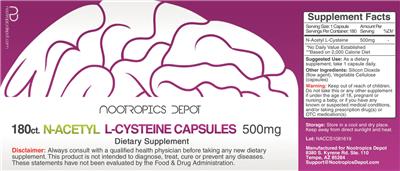Photo of the Nootropics Depot N-Acetyl L-Cysteine Capsules 500 mg label
