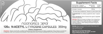 Photo of the Nootropics Depot N-Acetyl L-Tyrosine Capsules 350 mg label