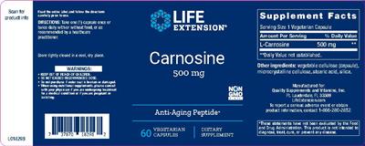 Photo of the Life Extension Carnosine 500 mg label
