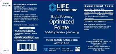 Photo of the Life Extension High Potency Optimized Folate 5000 mcg label