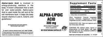 Photo of the Vitamer Laboratories Alpha-Lipoic Acid 300 mg label