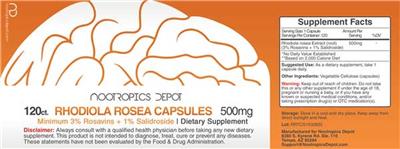 Photo of the Nootropics Depot Rhodiola Rosea Capsules 500 mg Minimum 3% Rosavins label