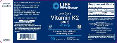 Photo of the Life Extension Low Dose Vitamin K2 (MK-7) 45 mcg label