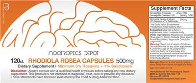 Photo of the Nootropics Depot Rhodiola Rosea Capsules 500 mg Minimum 3% Rosavins label