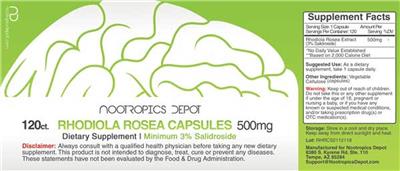 Photo of the Nootropics Depot Rhodiola Rosea Capsules 500 mg Minimum 3% Salidroside label