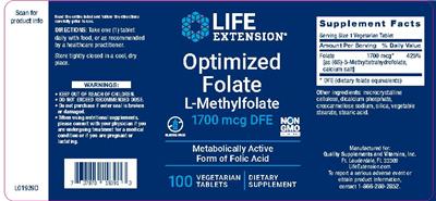 Photo of the Life Extension Optimized Folate L-Methylfolate 1700 mcg DFE label