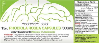 Photo of the Nootropics Depot Rhodiola Rosea Capsules 500 mg Minimum 3% Salidroside label