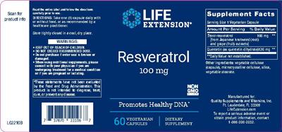 Photo of the Life Extension Resveratrol 100 mg label
