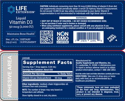 Photo of the Life Extension Liquid Vitamin D3 50 mcg (2,000 IU) label