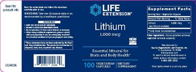 Photo of the Life Extension Lithium 1,000 mcg label