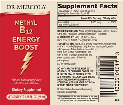 Photo of the Dr. Mercola Methyl B12 Energy Boost Natural Blackberry Flavor label