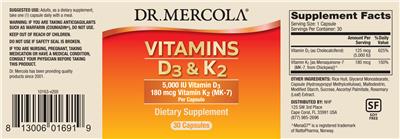 Photo of the Dr. Mercola Vitamins D3 5,000 IU & K2 180 mcg label