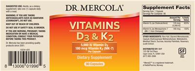 Photo of the Dr. Mercola Vitamins D3 5,000 IU & K2 180 mcg label