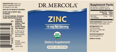 Photo of the Dr. Mercola Zinc 15 mg label