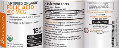 Photo of the Bronson Certified Organic Folic Acid 800 mcg label
