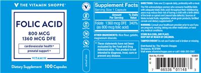 Photo of the The Vitamin Shoppe Folic Acid 800 mcg label