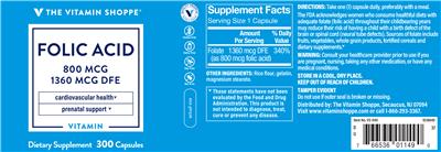 Photo of the The Vitamin Shoppe Folic Acid 800 mcg label