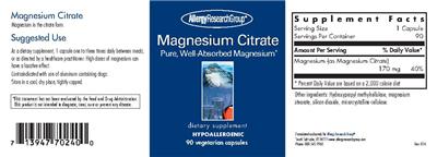 Photo of the Allergy Research Group Magnesium Citrate label