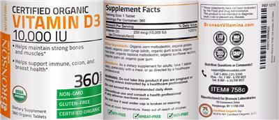 Photo of the Bronson Certified Organic Vitamin D3 10,000 IU label