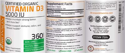 Photo of the Bronson Certified Organic Vitamin D3 5000 IU label
