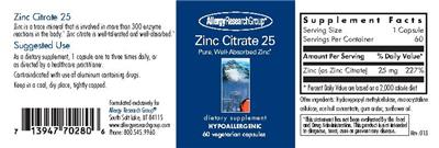 Photo of the Allergy Research Group Zinc Citrate 25 label