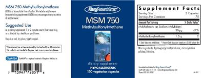 Photo of the Allergy Research Group MSM 750 Methylsulfonylmethane label