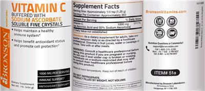 Photo of the Bronson Vitamin C Buffered With Sodium Ascorbate Soluble Fine Crystals 1000 mg label