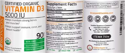 Photo of the Bronson Certified Organic Vitamin D3 5000 IU label