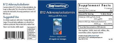 Photo of the Allergy Research Group B12 Adenosylcobalamin 3000 mcg with Folic Acid label