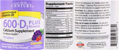 Photo of the 21st Century 600+D3 plus Minerals Fruit Punch label