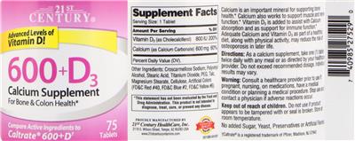 Photo of the 21st Century 600+D3 Calcium Supplement label